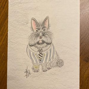 Unframed Original Art Drawing Dapper Business Bunny in Pencil Crayon